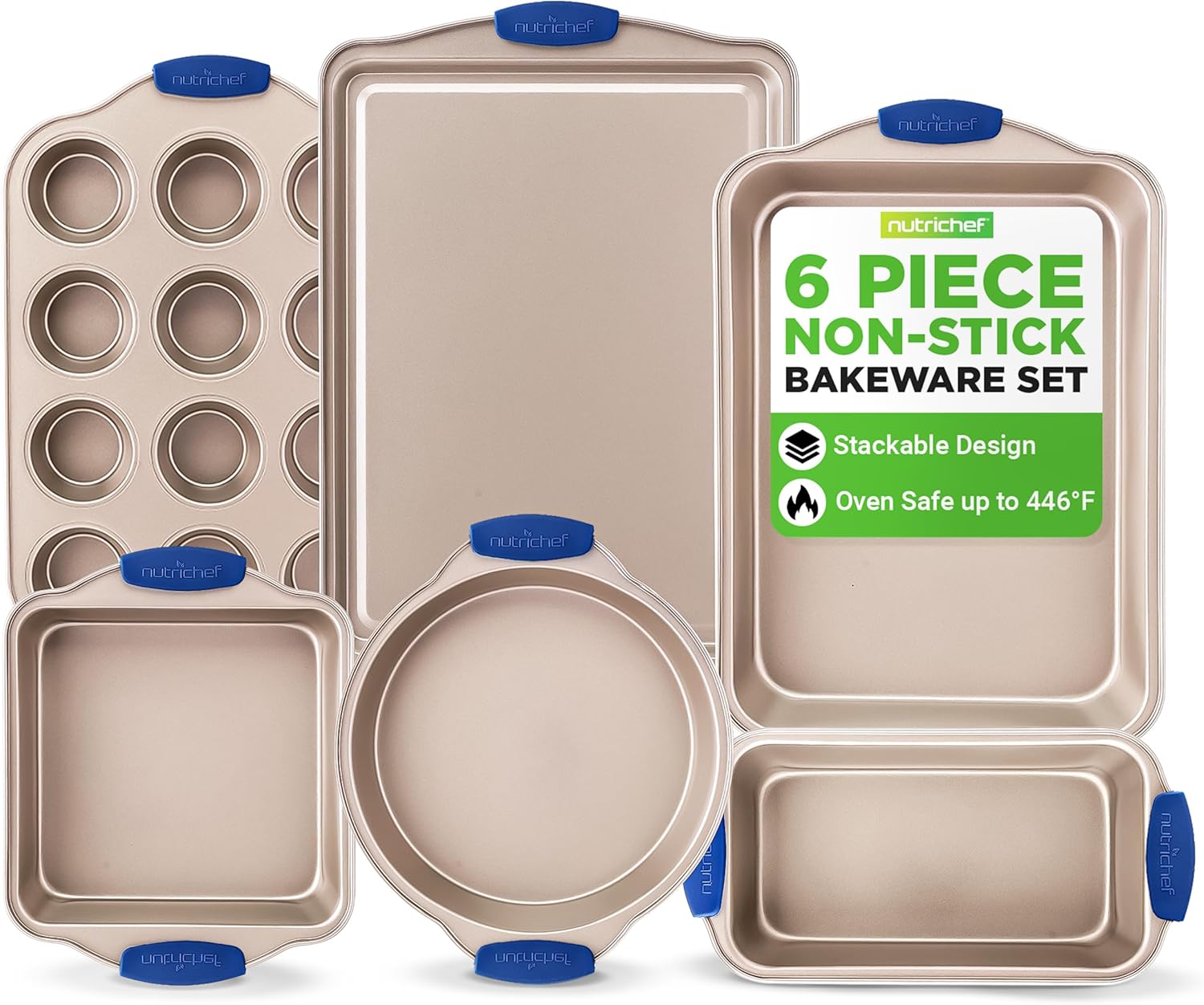 NutriChef 6-Piece Nonstick Bakeware Set | Premium Carbon Steel Baking Trays with Silicone Handles - Includes Loaf Pan, Muffin Pan, Round & Square Roasters, Cookie Sheet