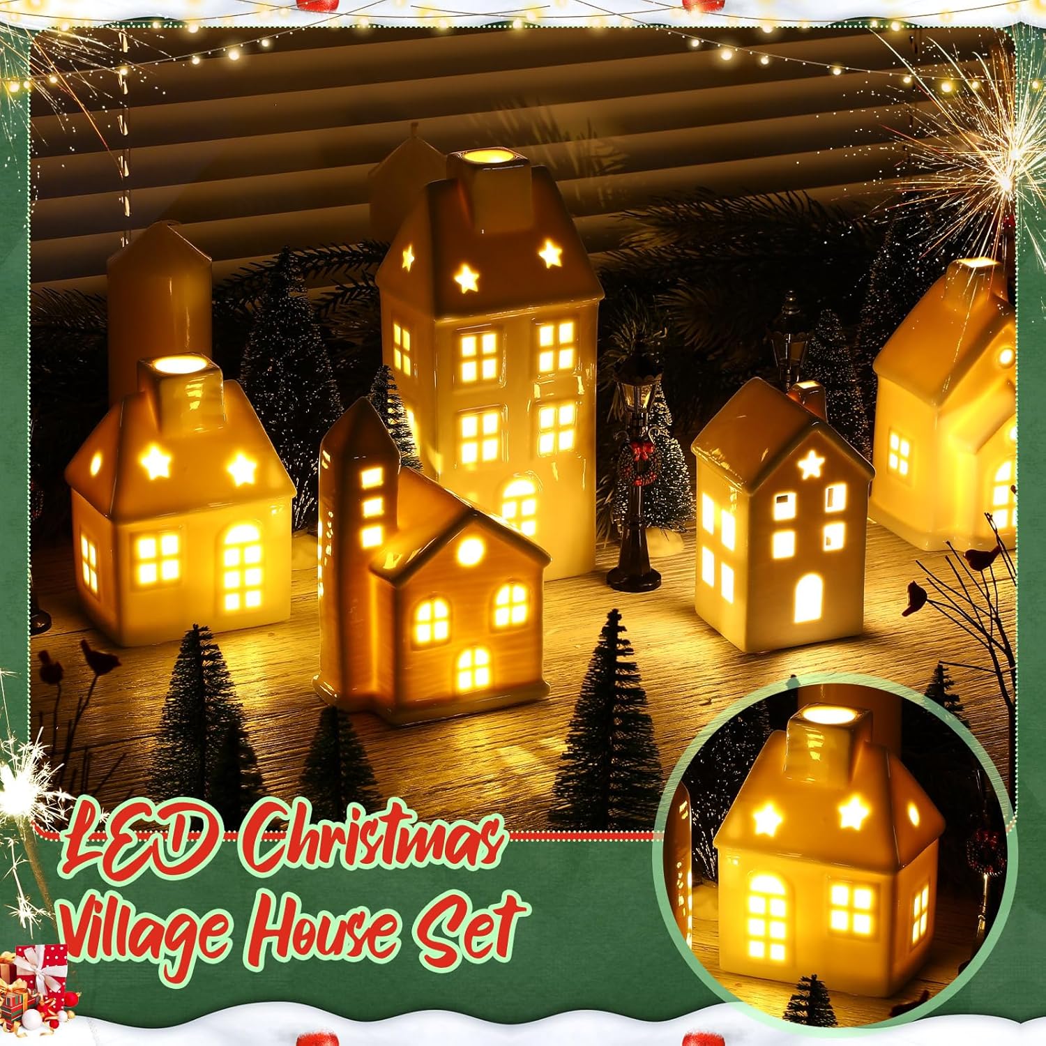 WinnerWhy Christmas Village House Set - 24 Pcs LED Lighted Mini Ceramic Ornaments for Festive Decor