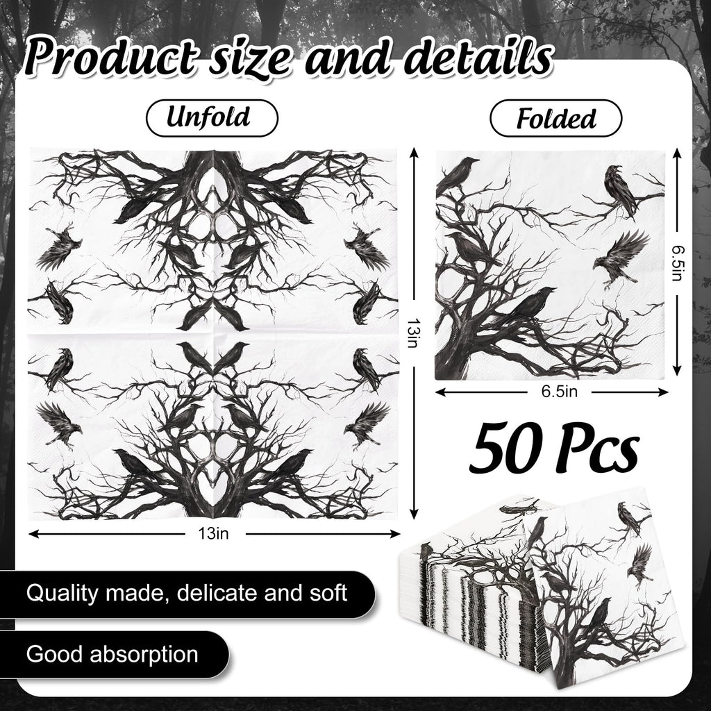 Generic 50Pcs Halloween Paper Napkins Disposable Silhouette Tree Crows Luncheon Napkins Black Dinner Hand Napkin for Party Supplies Table Decor