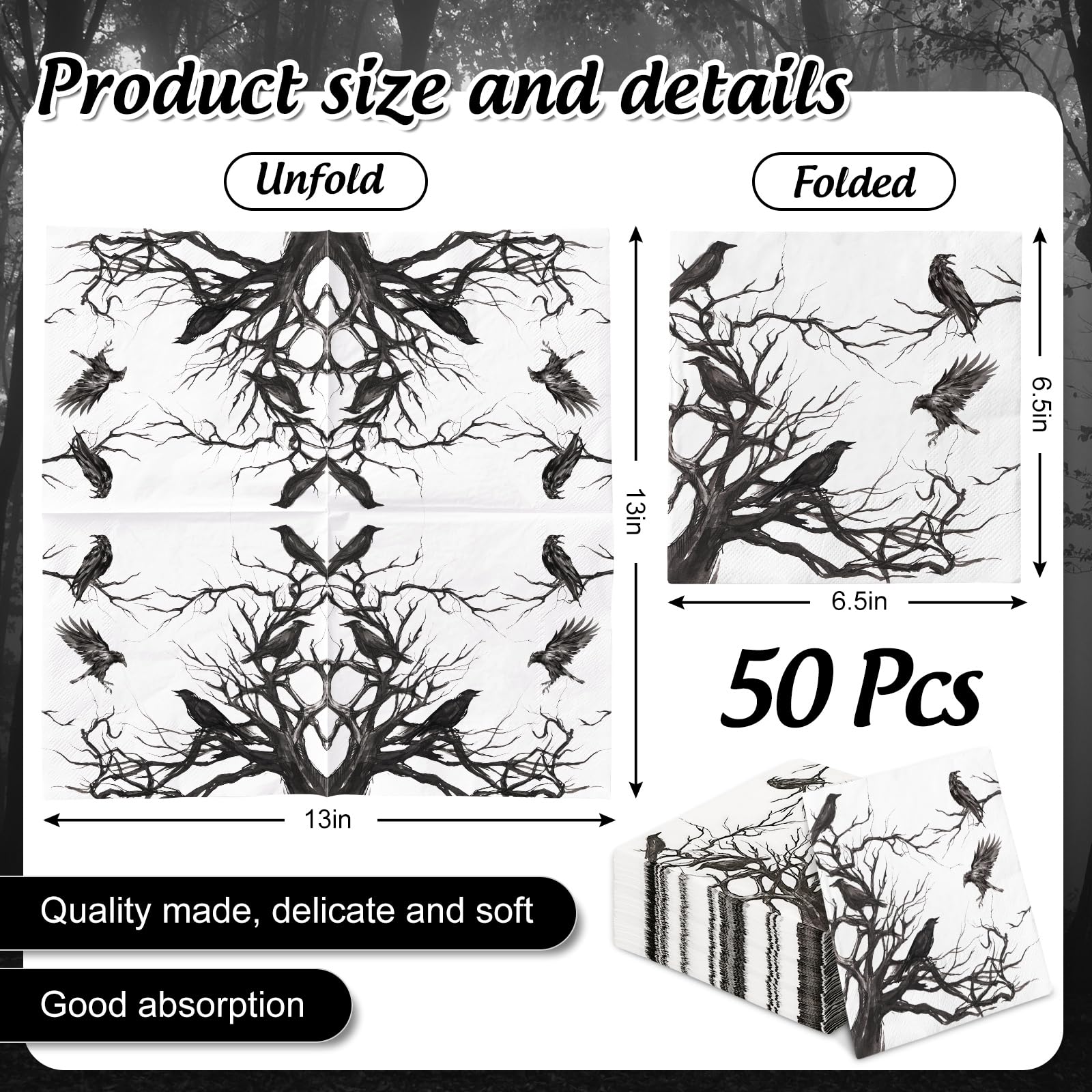 Generic 50Pcs Halloween Paper Napkins Disposable Silhouette Tree Crows Luncheon Napkins Black Dinner Hand Napkin for Party Supplies Table Decor