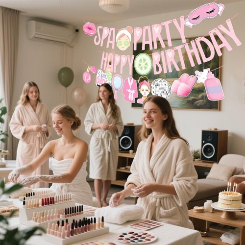 Spa Birthday Banners 3PCS Spa Birthday Party Decorations Pre-strung Makeup Party Banners Sleepover Theme Decor for Girls Slumber Pajama Party Supplies