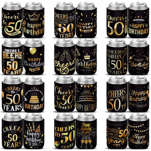 Umigy 48 Pcs 50th Birthday Party Favors Cheer to 50 Years Can Sleeve 50 Years Old Birthday Decorations Black and Gold over the Hill 50th Party Supplies for Men Women Guests