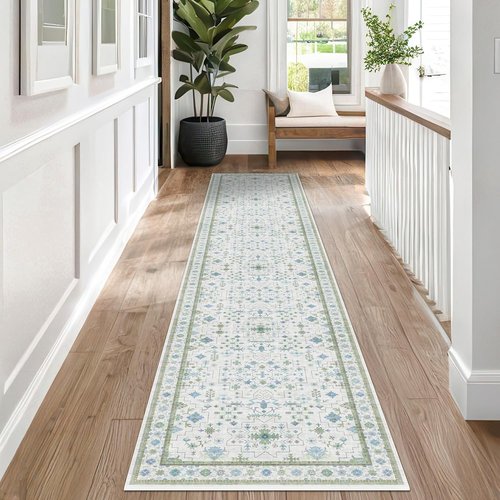 Hazo Haus Oushak Runner Rug - Floral Pastel Boho Design | Washable Low Pile Non-Slip 2x10 ft - Cream, Blue & Green