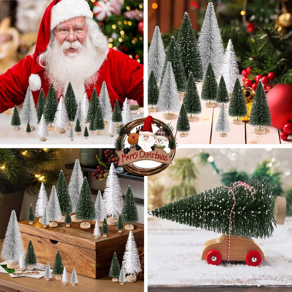 Skiennix Mini Christmas Trees - 30Pcs Artificial Bottle Brush Trees with Wooden Base for Festive Decor | Green, Silver, White