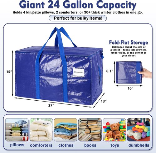 KYODOLED Heavy Duty Blue Moving Bags - 6 Pack Large Storage Totes with Strong Zipper & Comfortable Handles