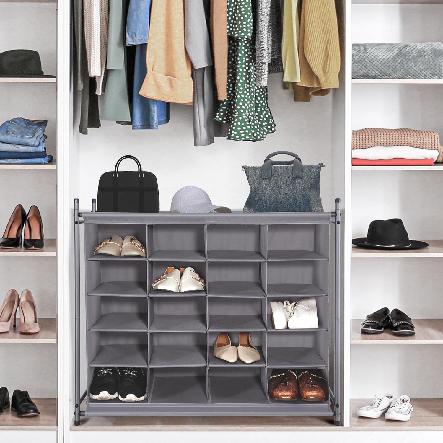 Storage Maniac Stackable Shoe Cubby Organizer - 20-Cube Free Standing Rack for Entryway & Closet | Gray