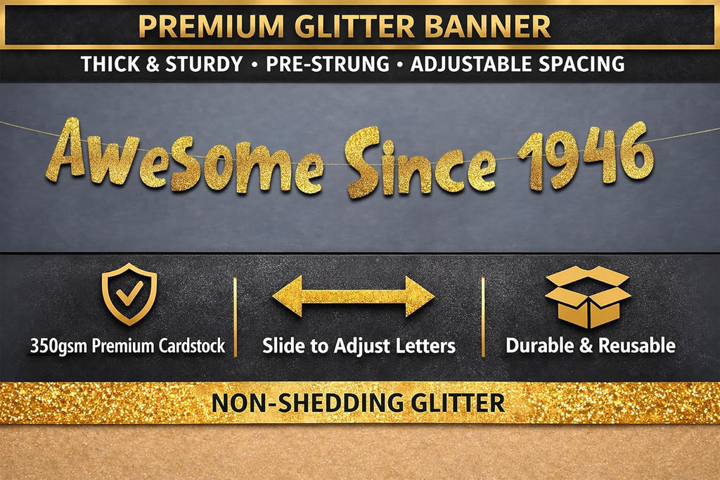 Awesome Since 1946 Gold Glitter Banner - Funny 80th Birthday Decorations for Men & Women