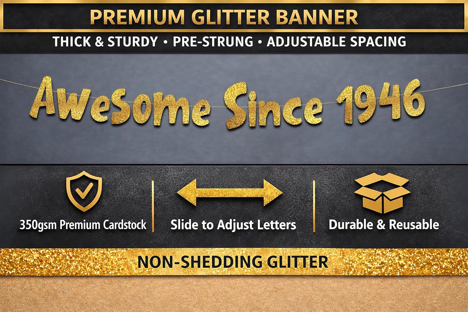 Awesome Since 1946 Gold Glitter Banner - Funny 80th Birthday Decorations for Men & Women