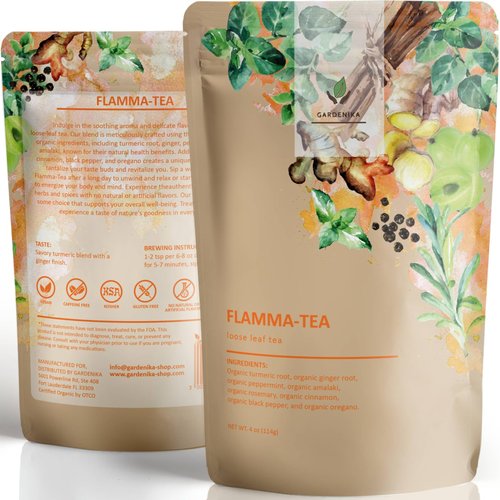 Gardenika Organic Flamma-tea Loose Leaf Tea | Premium Turmeric Ginger Blend with Cinnamon, Peppermint & Black Pepper | 100% Natural, Caffeine Free Herbal Wellness Tea | 4oz (113g)