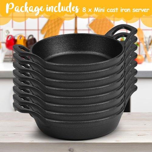 Ziliny Mini Cast Iron Skillets 6.3 x 6.3 x 1.5 Inch Cast Iron Pan Small Ramekin Set Black Casserole Dish Cookware Oven Safe Mini Skillets for Kitchen Indoor Outdoor Picnic (8 Pack)
