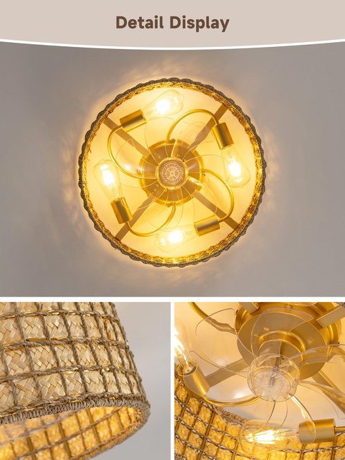 Rattan fandelier Ceiling Fans with Lights, Fandelier Chandelier Ceiling Fan and Remote,Boho,Flush Mount,Low Profile,for Bedroom,Living Room,(25.5 Inch,6 Speed (0263/Boho Ceiling Fans)
