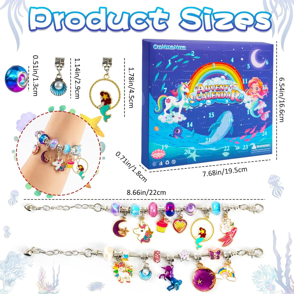 OuMuaMua Advent Calendar Charm Bracelets 2025 - 24 Days Christmas Countdown with DIY Mermaid & Unicorn Jewelry Kit for Girls & Women