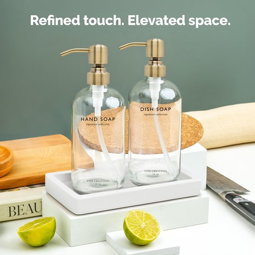 Vine Creations Glass Soap Dispenser Set, Kitchen Soap Dispenser Set with Ceramic Tray, 16 oz Dish Soap and Hand Soap Dispensers with Stainless Steel Pump Decor (Clear Bottle/Brushed Brass)