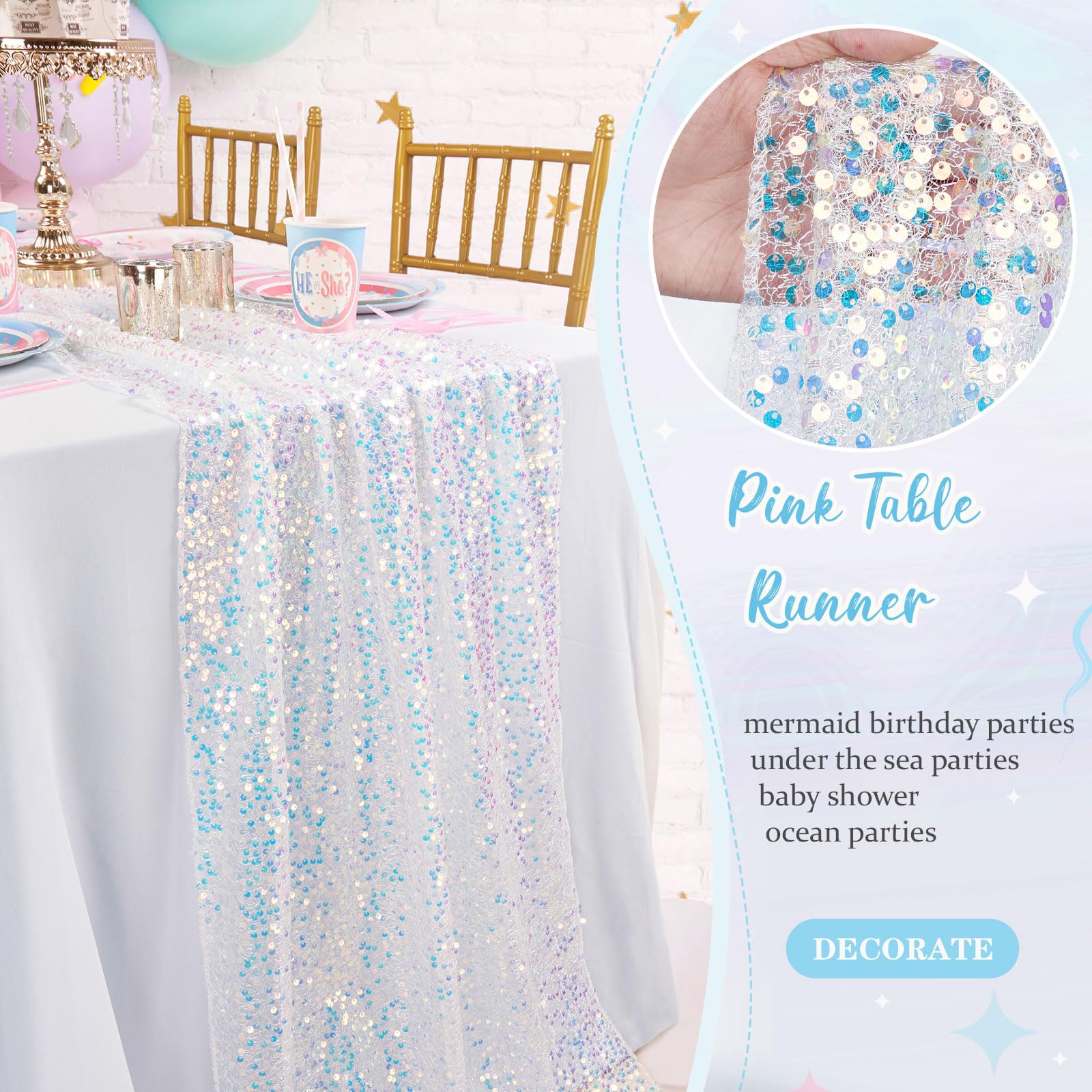 White Table Runner 3 Packs 25x120 Inches Iridescent Sequin Table Runner for Little Mermaid Birthday Ocean Themed Party Decorations