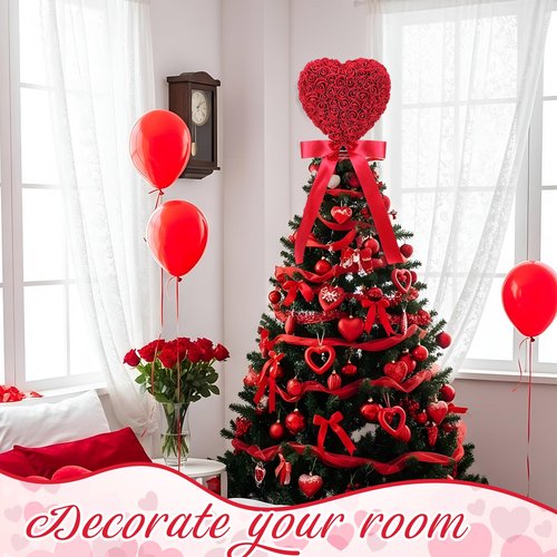 Soulchen Valentine Day Tree Topper 11.8 Inch Heart Tree Topper with Bow Rose Valentines Trees Ornaments Decorations for Valentine's Day Wedding Holiday Party Supplies(Red)