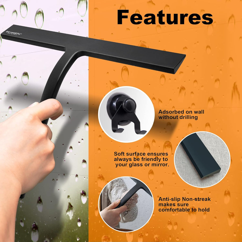 Shower Squeegee - 10-Inch All-Purpose Glass Door Cleaner with Suction Cup Hooks - Black