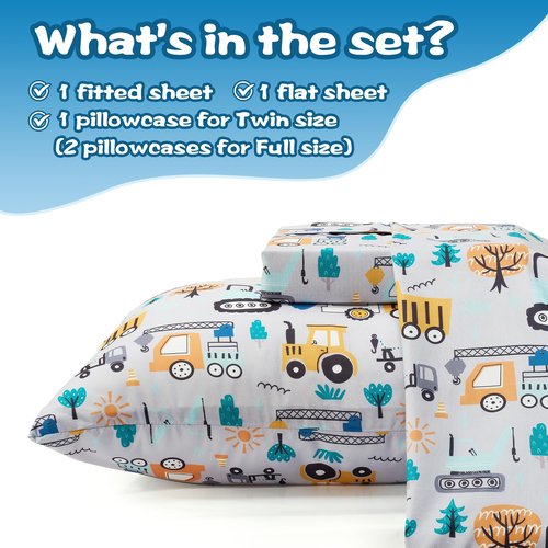 Drozeeo Twin Sheets Set Kids, Twin Bed Sheets for Boys, Cute Kids Bedding Set, Excavator Truck Pattern, Grey