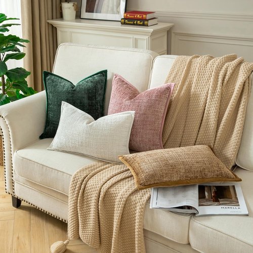 Yaertun Pack of 2 Chenille Textured Decorative Throw Pillow Covers Accent Solid Cushion Cover Soft Cozy Pillow Case with Velvet Back for Couch Sofa Bed Living Room 16x16 Inch Cream White