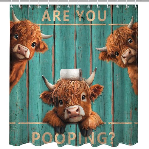 Mocsicka Vintage Funny Highland Cow Shower Curtain with 12 Hooks, Retro Farmhouse Green Plank Door Bath Curtain for Farmhouse Highland Cow Bathroom Decor Waterproof Fabric, 72 X 72 Inch
