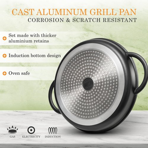 Moss & Stone 12” Nonstick Grill Pan for Indoor Cooking, Cast Aluminum Griddle Pan for Stove Top & Induction, Dishwasher & Oven Safe, Grill Pan with Lid, Silicone Handles, PFOA Free