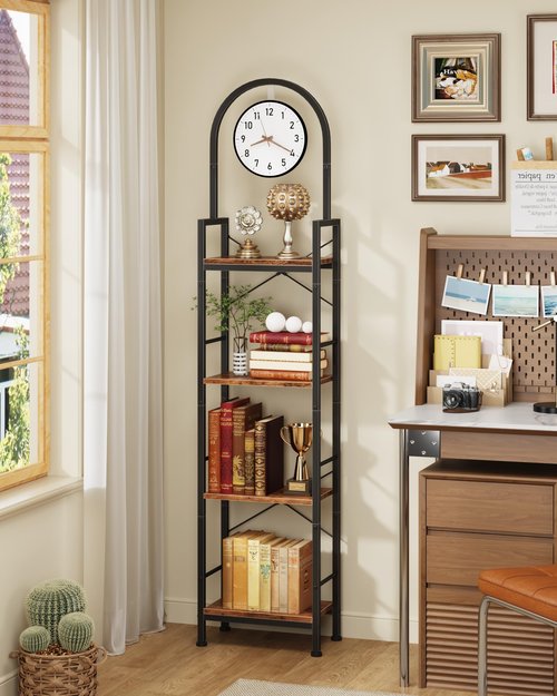 HIGDBFE Bookshelf, 4 Tier Arched Bookshelf with Built-in Clock, 68.2" Tall Narrow Bookcase, Modern Standing Book Shelf for Living Room, Bedroom, Home Office, Rustic Brown