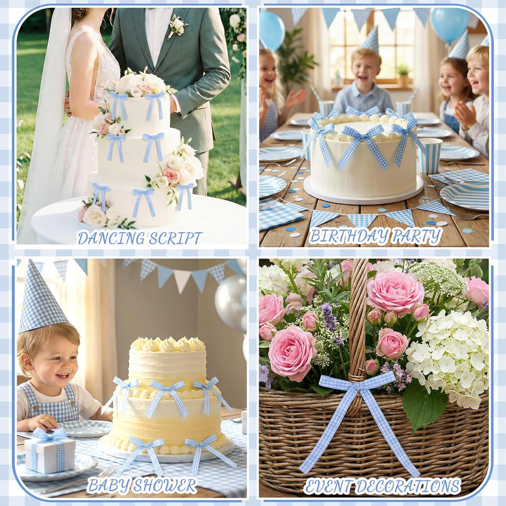 Skiennix 30 Pack Bow Cake Toppers - Blue Gingham Ribbons for Birthdays & Baby Showers