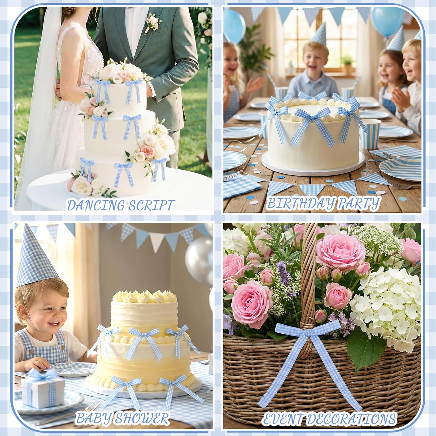 Skiennix 30 Pack Bow Cake Toppers - Blue Gingham Ribbons for Birthdays & Baby Showers