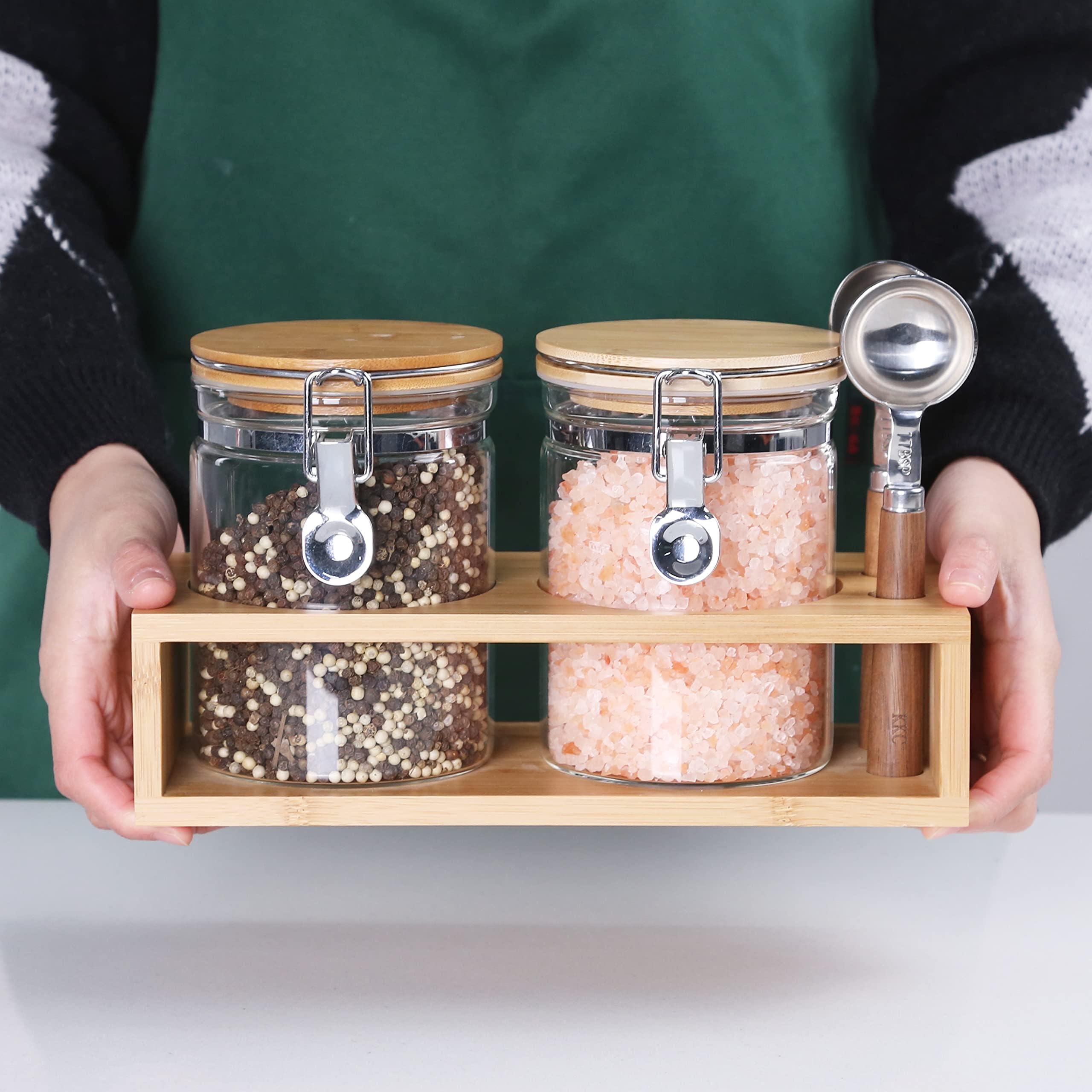 Set of 2 Airtight Glass Tea Canisters with Bamboo Lids & Spoons (27oz) - Ultimate Storage Containers for Loose Leaf Tea to Preserve Freshness & Flavor - Elegant Tea Caddy Jars for Kitchen & Pantry