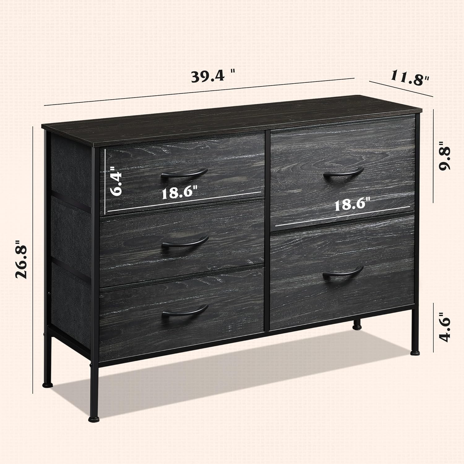 WLIVE Dresser - 5 Drawer Chest for Bedroom | Stylish Fabric Organizer in Charcoal Black Wood Grain