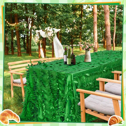 Preboun 90 x 132 Inch Green Taffeta Tablecloth Leaf Petal 3D Table Cloth Events Table Cover for Forest Party Wedding Event Banquet Outdoor