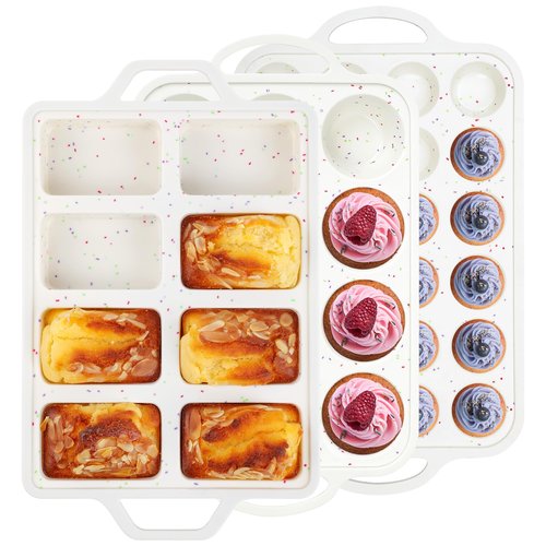 AOTASO 3 Pcs Silicone Baking Pan Set - Including 1 Pc Mini Loaf Pan, Standard Muffin Pan and Mini Muffin Pan - Silicone Cupcake Molds With Metal Reinforced Frame (Cream)