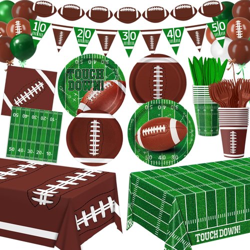 LINHAXM Football Party Decorations Includes Plates, Napkins, Cups, Banner, Balloons, Touchdown Tablecloth for Football Birthday & Tailgate Party Decorations, Serves 24