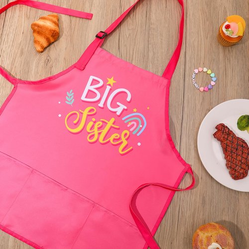 XLSXEXCL Big Sister Apron with Pockets, “Big Sister” Funny Apron Gifts for Girls, Adjustable Toddler Apron for girls for Cooking, Baking, Painting, Gardening (Pink)