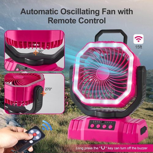 Odoland Portable Camping Fan with LED Lantern, 20000mAh Rechargeable Battery Powered Fan with Auto Oscillation, Timer, Remote, 360° Rotation Hook, 4 Speeds for Power Outage Travel Home,Pink