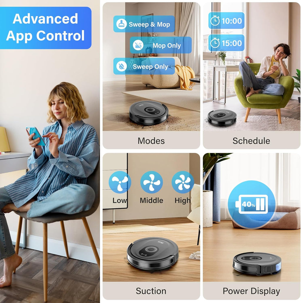 Tikom Robot Vacuum - 5000Pa Robotic Vacuum Cleaner & Mop Combo | 150 Min Runtime, App & Remote Control, Ideal for Hard Floors & Carpets
