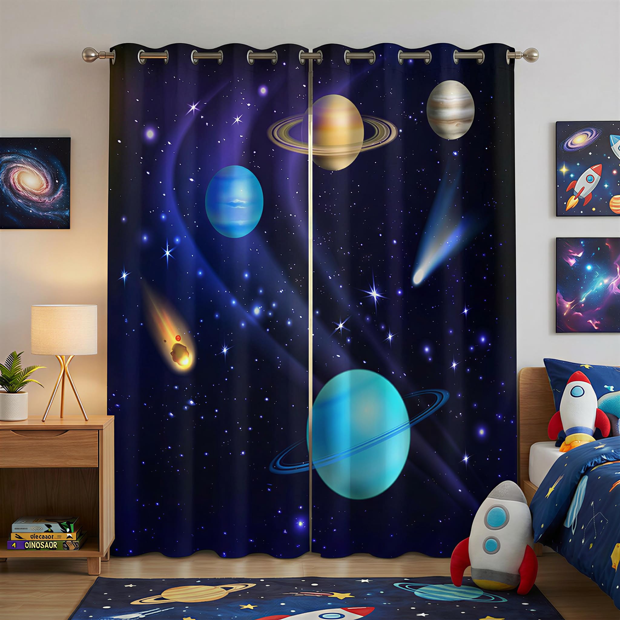terxgrl Space Curtains for Boys Room, Galaxy Outer Space Blackout Window Curtains, Solar System Planets Darkening Drapes for Kids Bedroom Playroom, 72 x 63 Inch