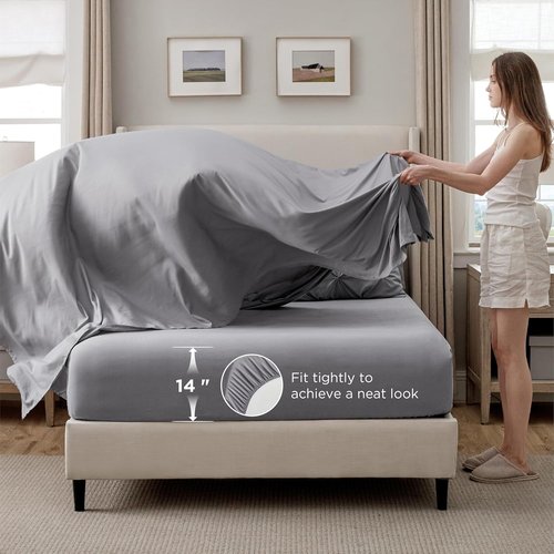 Bedsure Queen Comforter Set - 7-Piece Grey Pintuck Bedding | All-Season Comforter with Sheets & Pillowcases