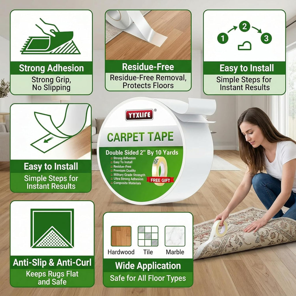 YYXLIFE Double-Sided Rug Tape | Strong Adhesive for Hardwood Floors - Non-Slip, Residue-Free, 2" x 10 Yards, White