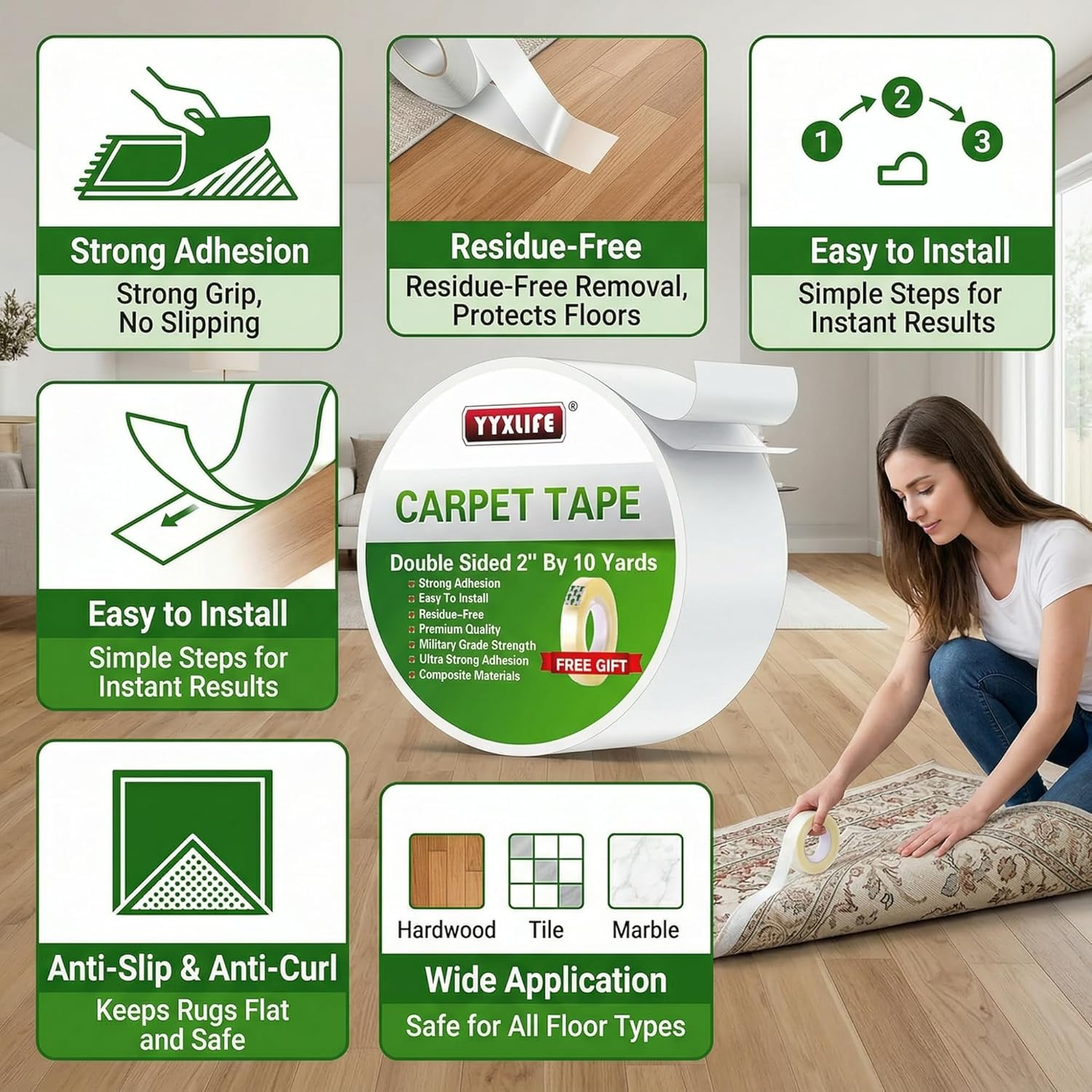 YYXLIFE Double-Sided Rug Tape | Strong Adhesive for Hardwood Floors - Non-Slip, Residue-Free, 2" x 10 Yards, White