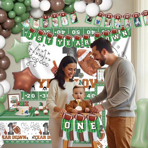 Jovialitix First Birthday Decorations – First Year Down Birthday Party Decorations Kit with 40" Balloon, Banner, Photo Garland, Backdrop & Football Decor