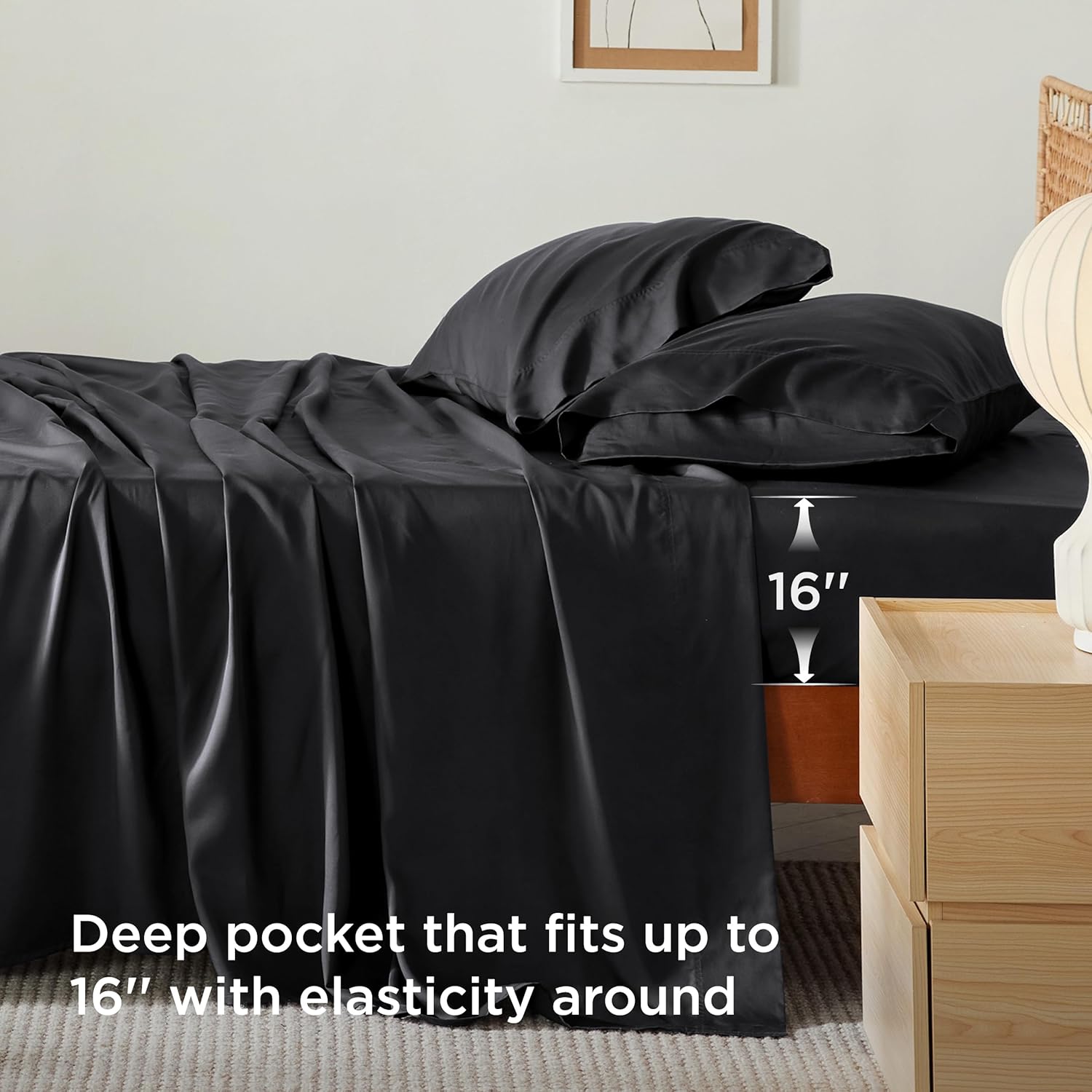 Bedsure Cooling Twin XL Sheets - Breathable Rayon from Bamboo, Soft & Silky, Deep Pocket Up to 16 Inches, Black