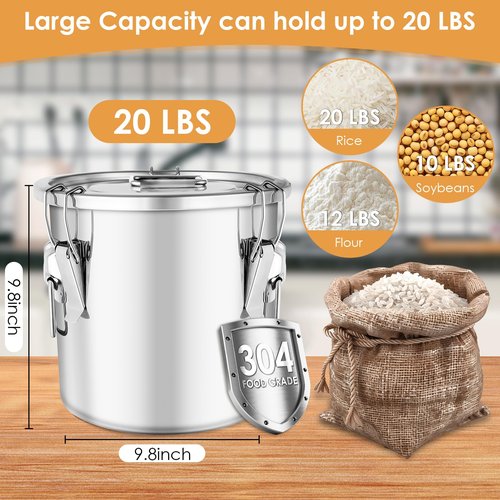 Yoziyaxo Stainless Steel Containers with Lids,20 lbs Large Capacity Food Storage Containers for Rice Flour Sugar Grain Coffee Bean,Airtight Canister for Kitchen & Pantry Organization