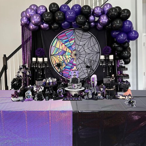 4 Pack Iridescent Black and Purple Plastic Tablecloth 54x108 Inch, Holographic Laser Disposable Table Cover, Rectangle Black and Purple Table Cloth for Halloween Holiday Birthday Party Decorations