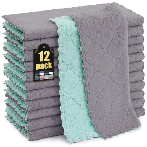 Mordimy 12 Pack Kitchen Cloths Dish Towels (10" x 10", Grey & Green), Super Soft and Absorbent Dish Cloths, Coral Velvet Microfiber Cleaning Cloth, Nonstick Oil Fast Dry Dishcloths
