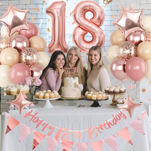 Jobkoo 18th Birthday Decorations for Girls, Retro Pink Nude Number 18 Balloon Set Happy 18th Birthday Banner Cake Topper Dusty Pink Beige Rosegold Star Balloons for Boho 18 Year Old Bday Party Decor