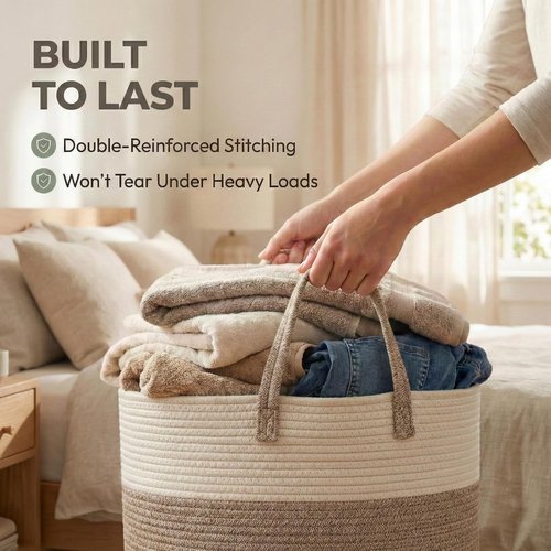 JMvicyroam Extra Large Blanket Basket - Woven Cotton Rope Laundry Hamper with Reinforced Handles | White & Brown