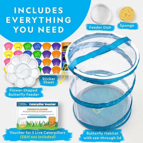 National Geographic Butterfly Growing Kit - Complete Habitat with 5 Caterpillars Voucher | Perfect Easter Gift for Kids