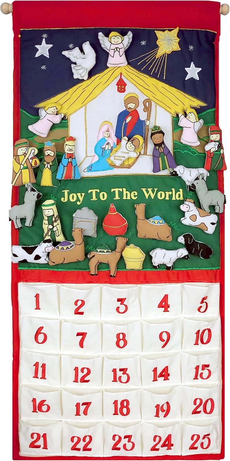 Pockets of Learning Joy To The World Traditional Nativity Advent Calendar - Holiday Décor, Fabric Wall Hanging, Christmas Countdown