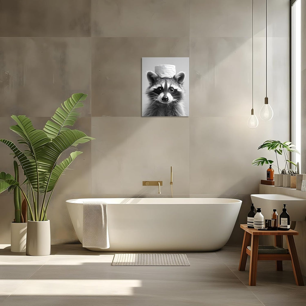 Raccoon Bathroom Wall Art - Funny Animal Canvas Print | Black and White Toilet Decor 8x10 Inch