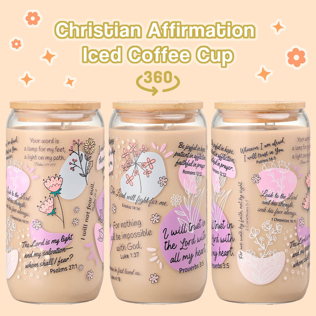 Xelewooz Christian Gifts for Women – 16oz Bible Verse Coffee Mug, Daily Bible Affirmations Glass Tumbler with Straw – Inspirational Religious Coffee Cup for Birthday, Mother’s Day, or Faith Lovers
